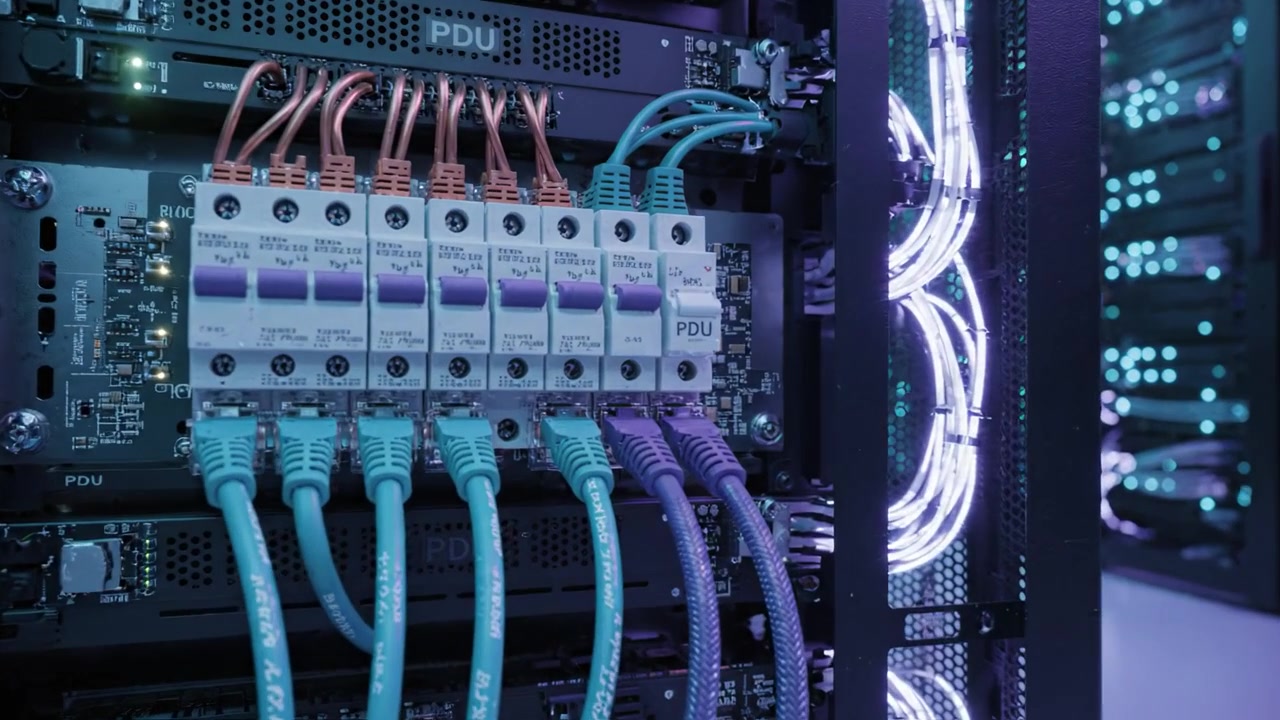 A Glimpse Inside a Modern Data Center Featuring Rows of High-Tech Server Racks with Illuminated Cables and Advanced Cooling Systems in a Controlled Environment