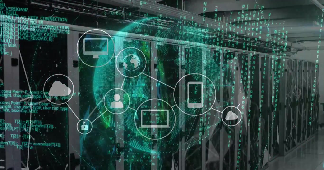 Digital Globe and Network Icons Over Server Room Infrastructure