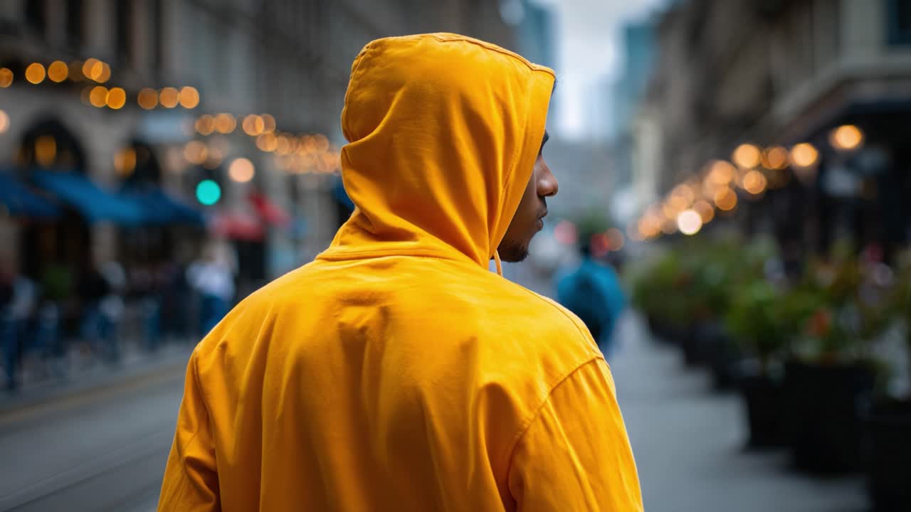 A solitary figure in a yellow hoodie stands at the forefront of an urban street scene, surrounded by blurred pedestrians and ambient lighting in a lively environment