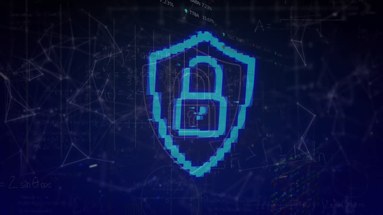 Security padlock shield icon over network of connections against blue background