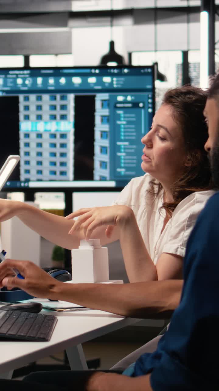 Vertical Video Diverse real estate developers team reviewing infrastructure layouts