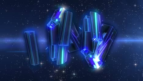 animation of blue crystal shapes moving against glowing light trail and shining stars in space