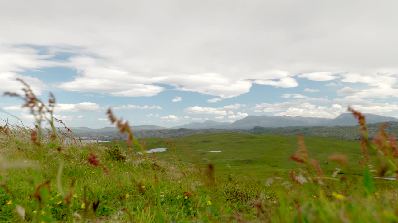 Fast moving clouds looking out over the mountains from Handa Island in Scotland, with grass and summer vegetation blowing in the strong winds from the summit of the island.