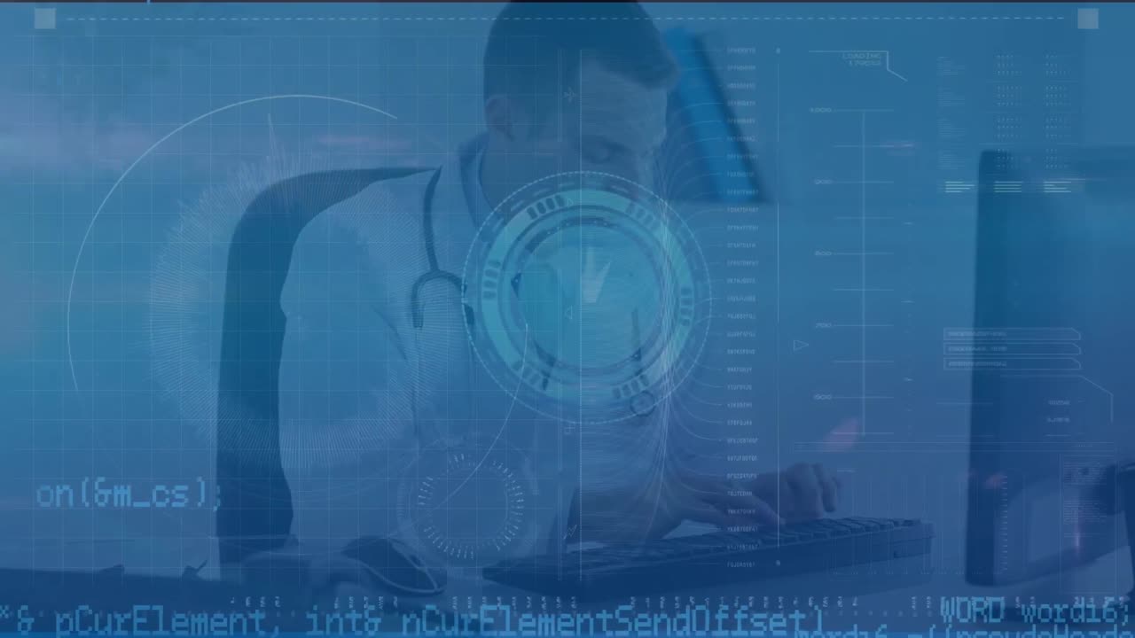 Animation of data processing and clock on digital screen over caucasian male doctor with computer