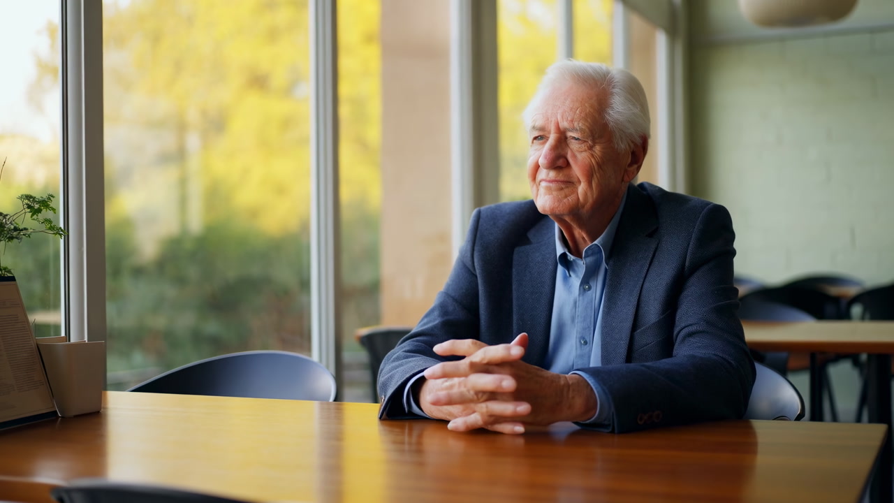 Elderly White Man Seated By Window In Sunlit Office, Wearing Navy Suit Jacket With Hands Clasped On Wooden