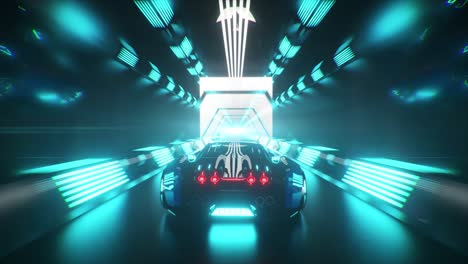 futuristic car through neon tunnel