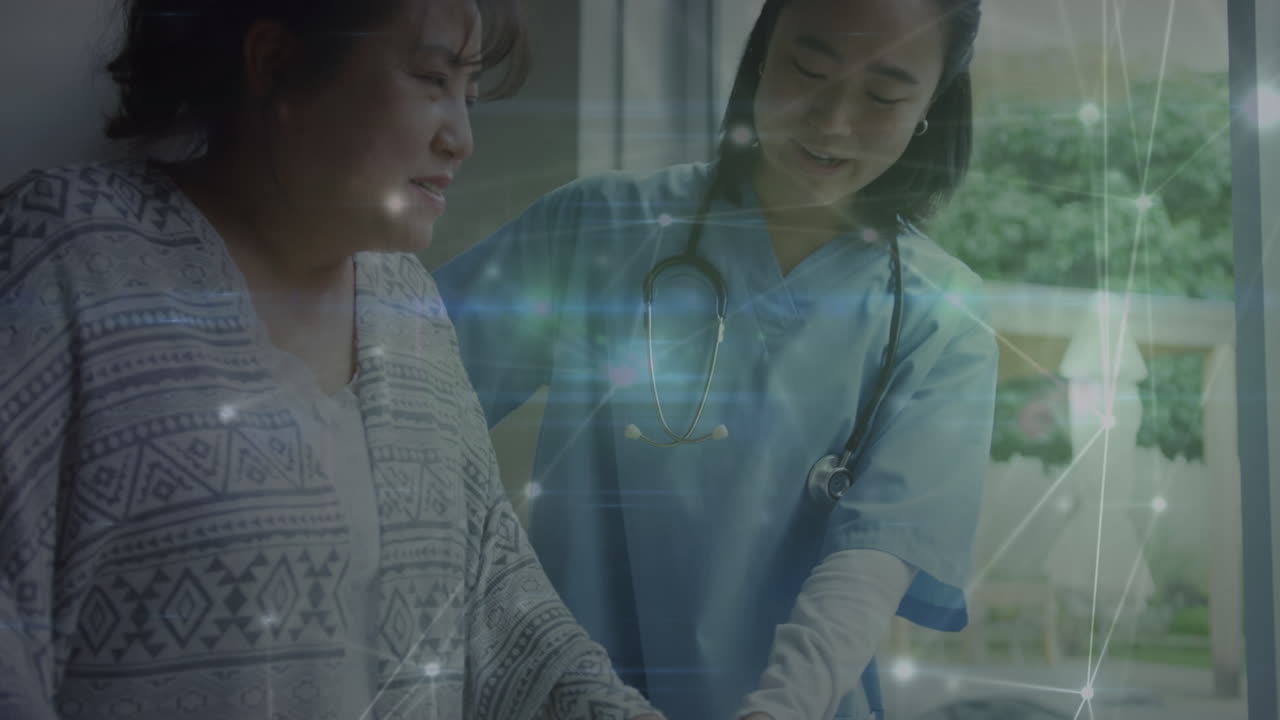 환자를 치료하는 아시아 여성 의사에 대한 연결 네트워크의 애니메이션
