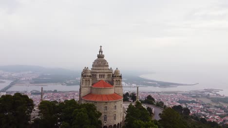 viana do castelo city and beautiful santa luzia church in foreground, aerial drone view