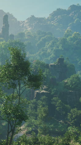 misty ruins in a lush forest