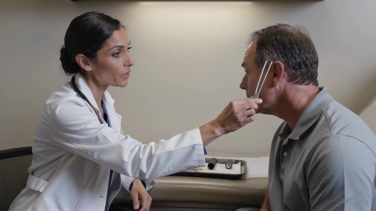 Alcanzando una bandeja, un médico con bata blanca y estetoscopio levanta un diapasón, probando la audición en la clínica.