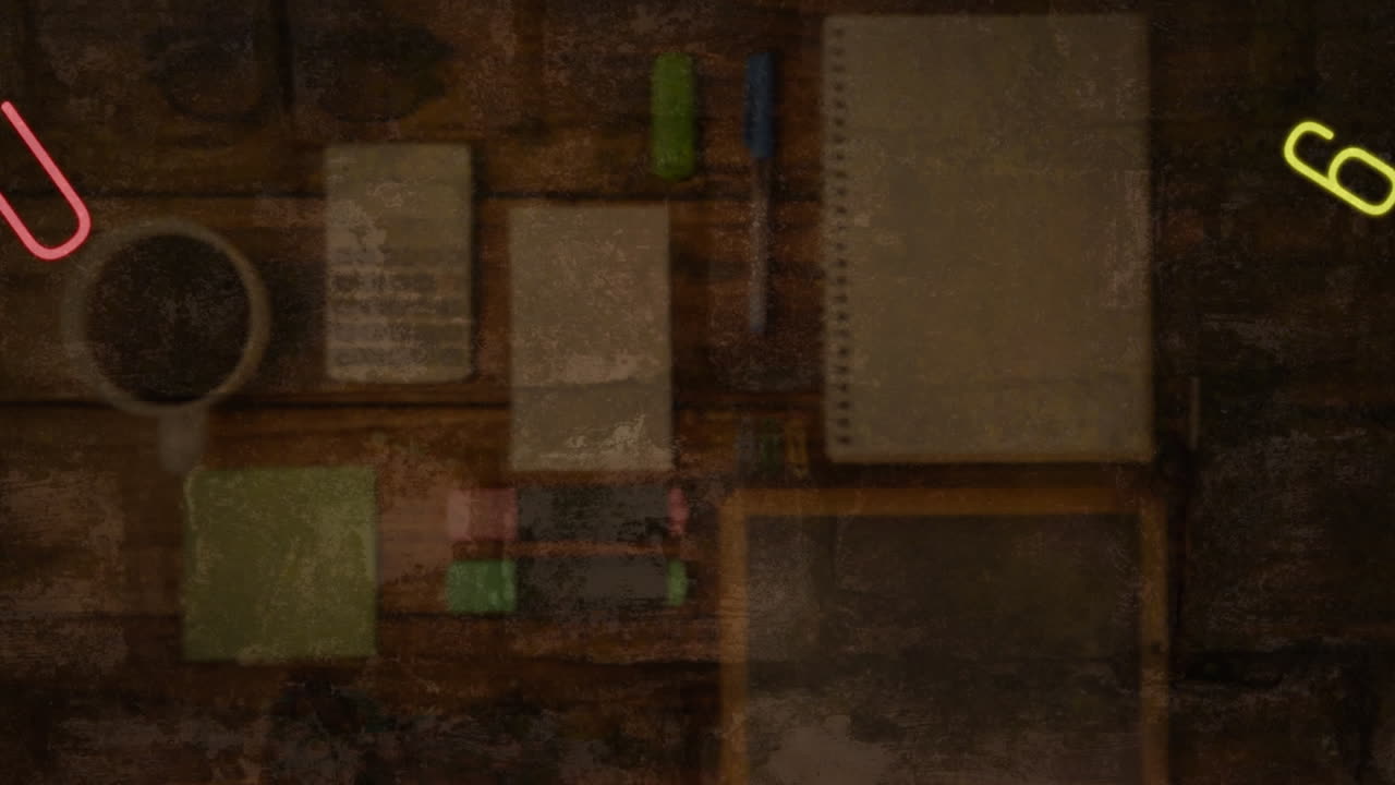 múltiples números y alfabetos cambiantes flotando contra el equipo escolar en una mesa de madera