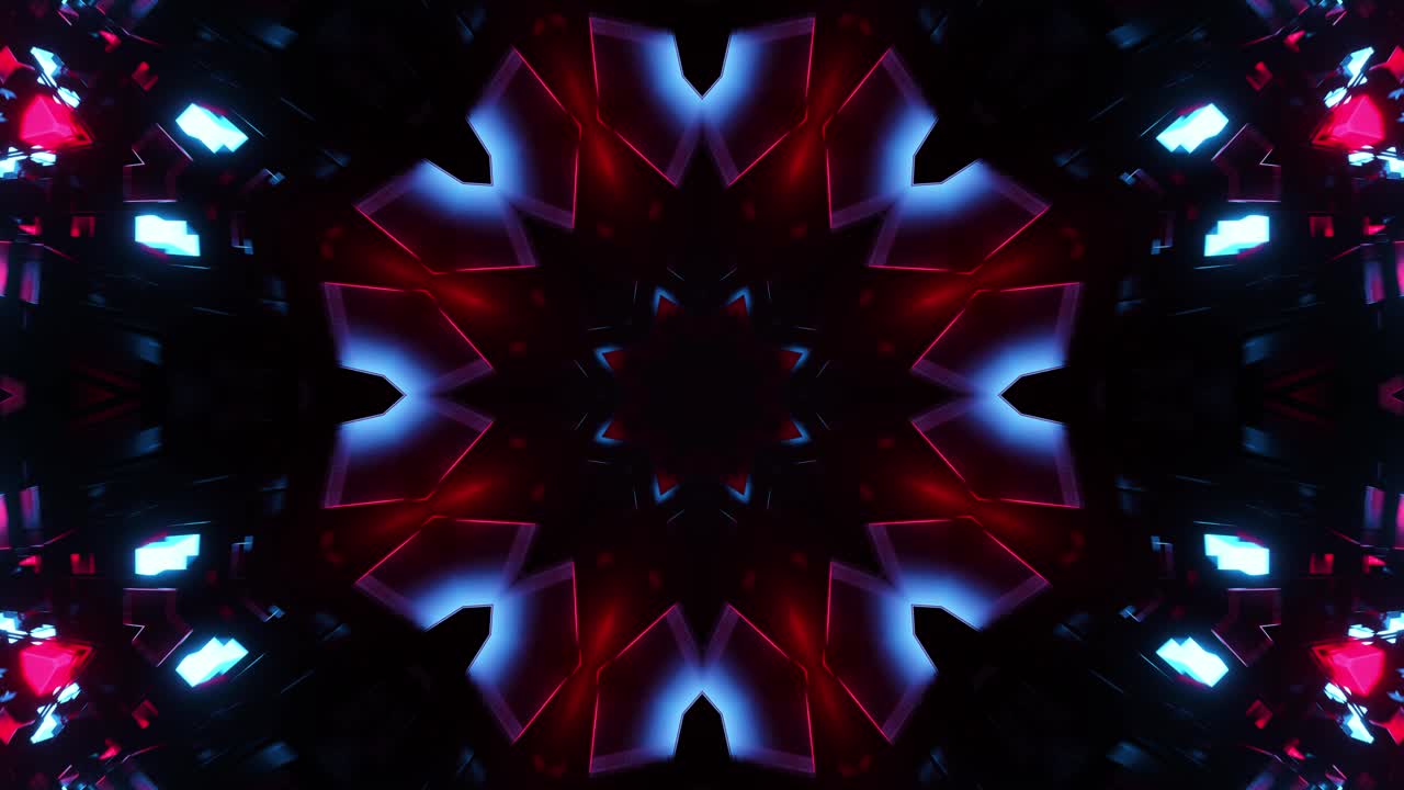 Blue and red abstract design with black background. Kaleidoscope VJ loop