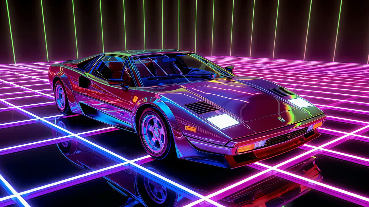 Arcing camera revealing low-slung two-door sports car on neon grid floor to showcase lit headlamps