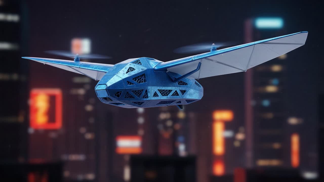 Futuristic Hybrid Drone Design Soaring Through a Neon-Lit Cityscape: Capturing the Essence of Advanced Aerodynamic Technology in Urban Environments