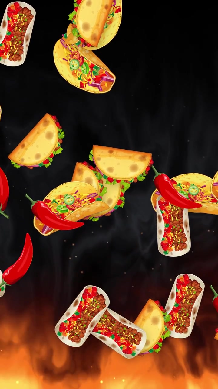 Vertikal animation af tacos og chilier, der falder gennem røg mod en flammende sort baggrund