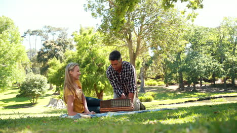 una pareja haciendo un picnic en el parque.