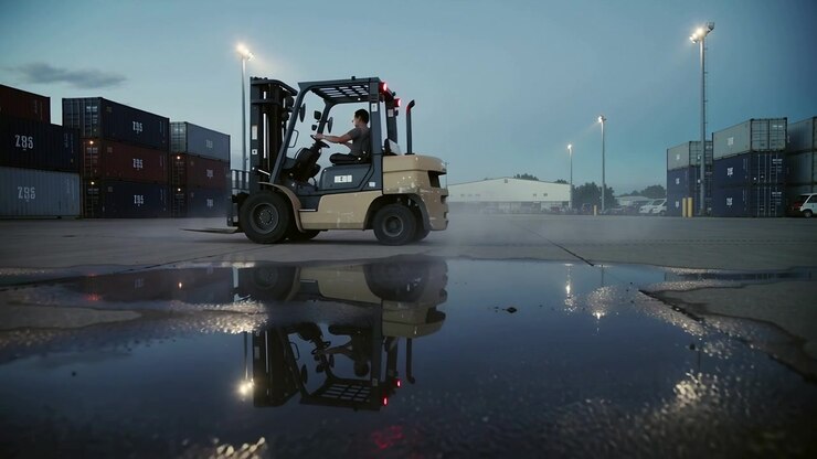 Moving yellow forklift with operator driving in container yard at dusk, puddle reflecting mast