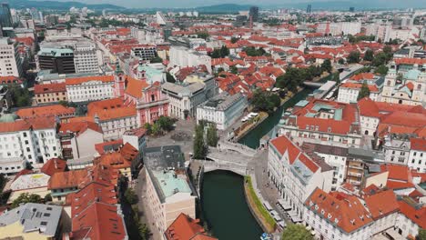 aerial view of ljubljana's iconic triple bridge connecting the historic and modern city