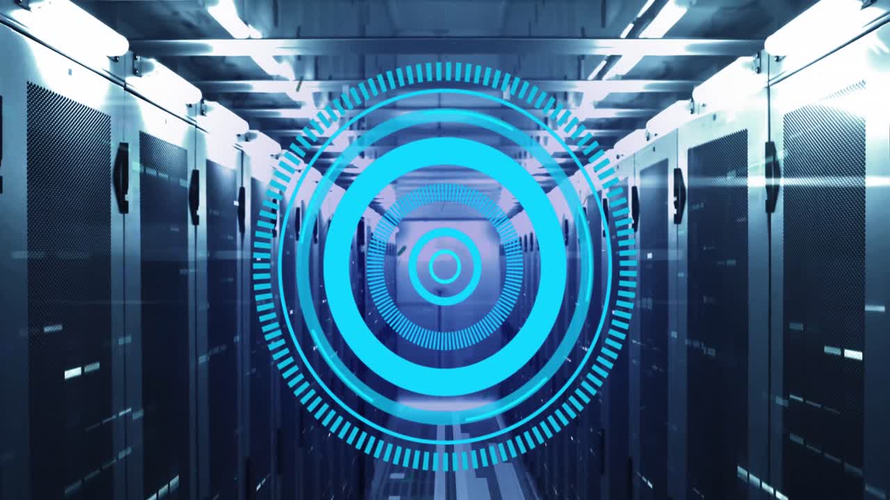 animación de escáner redondo de neón, partículas negras y cuadrados de mosaico contra la sala de servidores de computadora