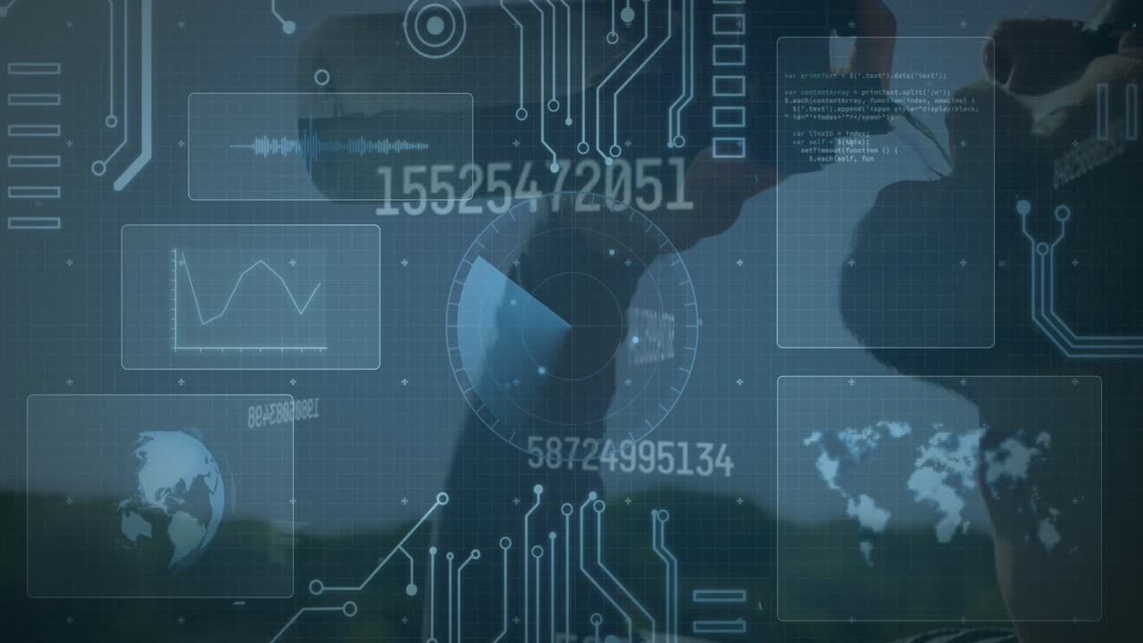 animación de procesamiento de datos en pantalla digital sobre el hombre caucásico bebiendo agua