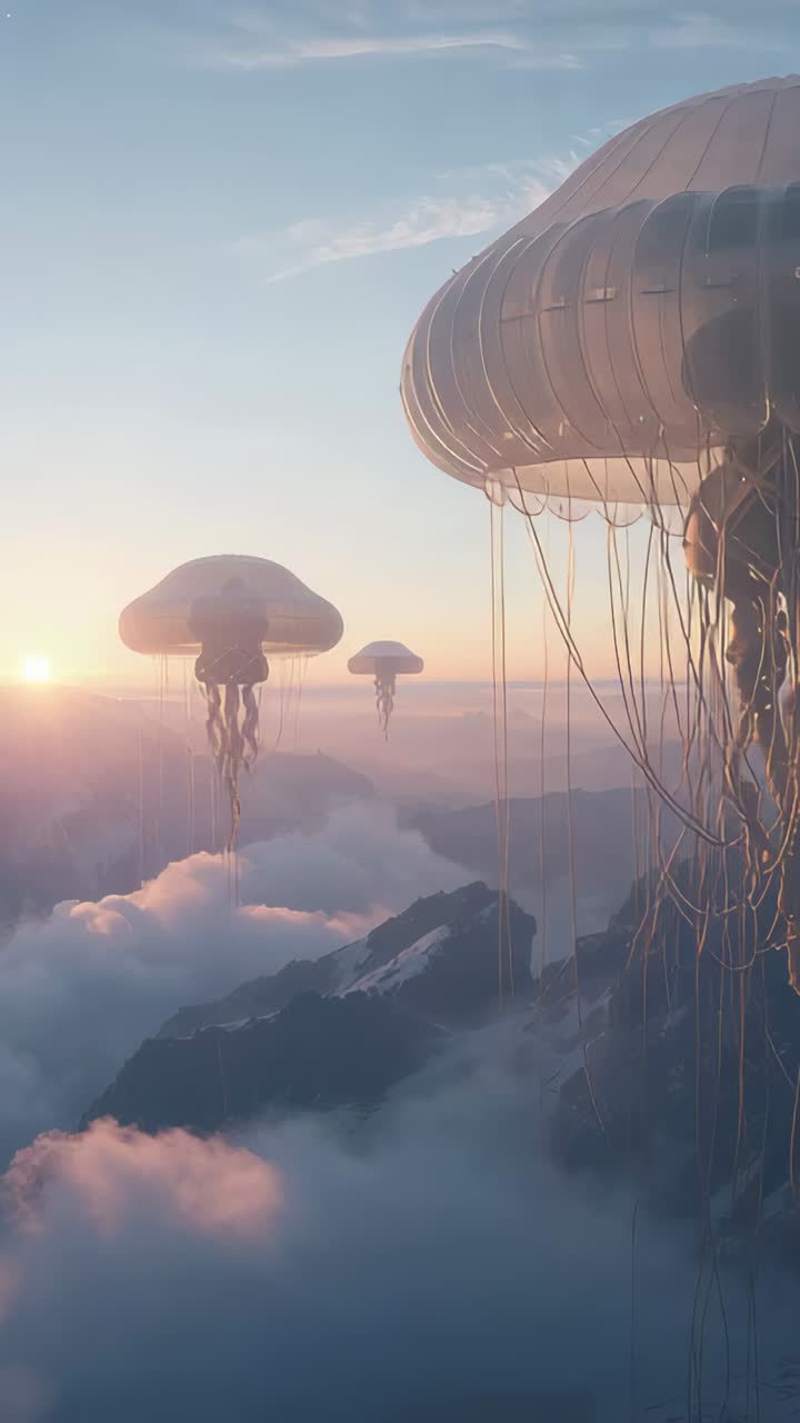 Vertical video: Drifting jellyfish-like flagship lowering tendrils to cliff at sunrise, copy space