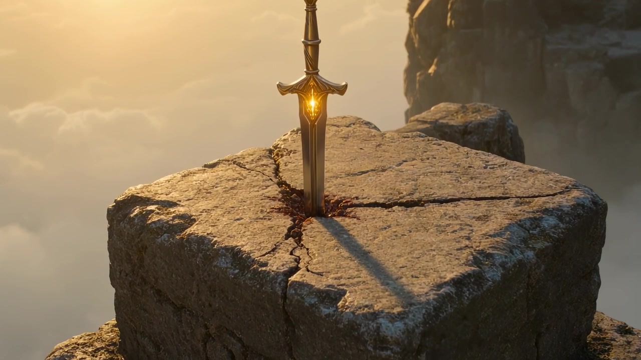 L'alba illumina una spada con elsa d'oro che brilla in una lastra di pietra con una macchia rossa, mentre la telecamera si avvicina.