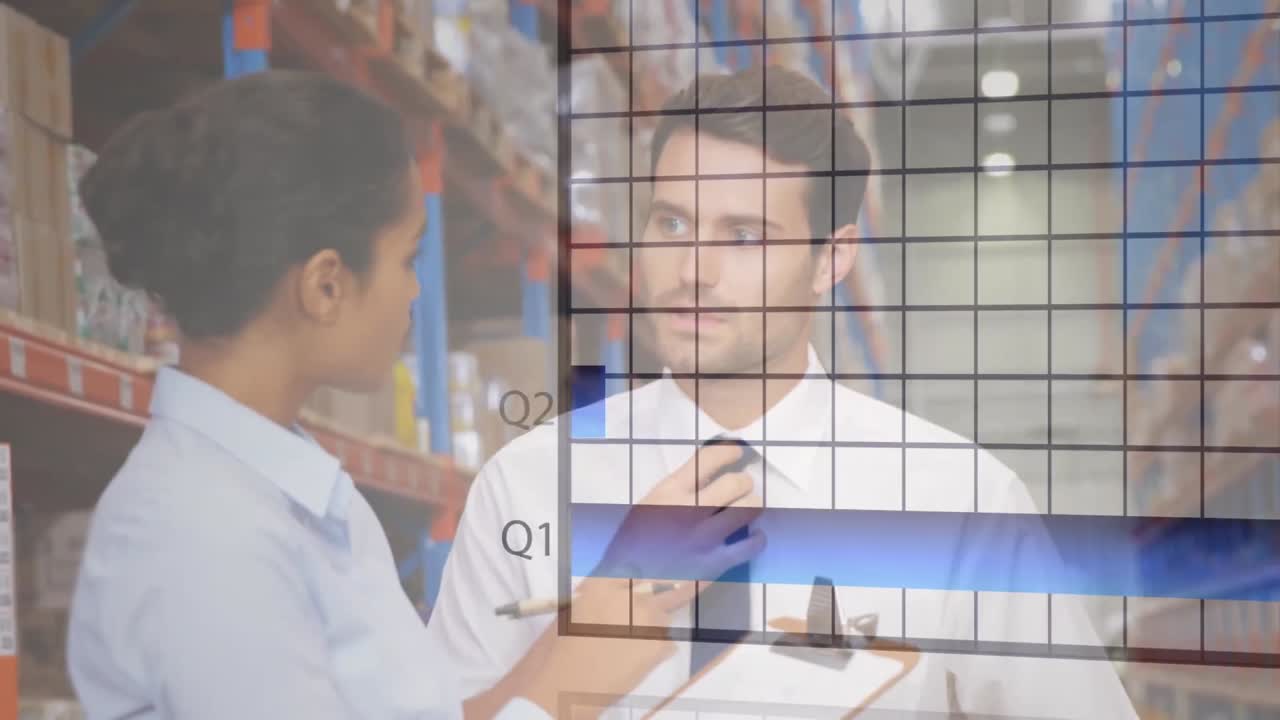 animación del procesamiento de datos estadísticos sobre diversos supervisores masculinos y femeninos discutiendo