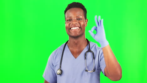 Black-man,-doctor-and-okay-gesture-on-green