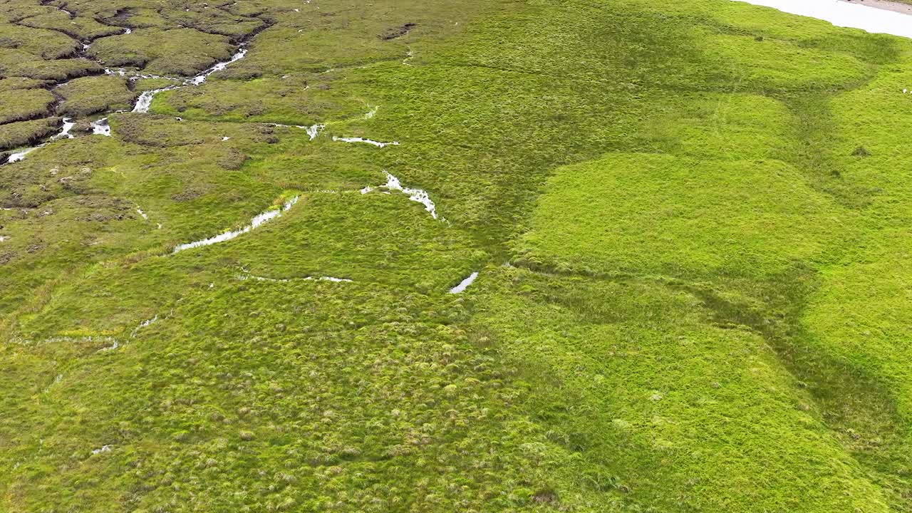 Drone glides above lush green moorland, revealing winding river, wetlands, and tranquil landscape