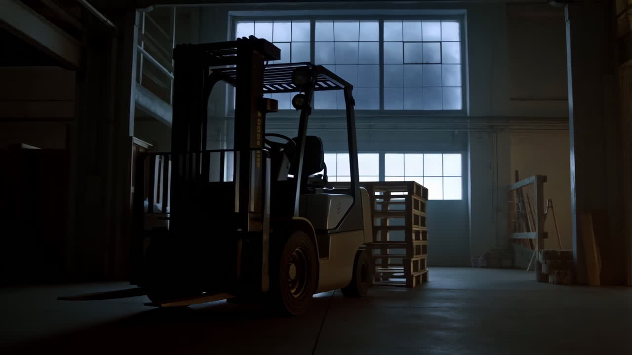 Forklift in a dimly lit industrial warehouse