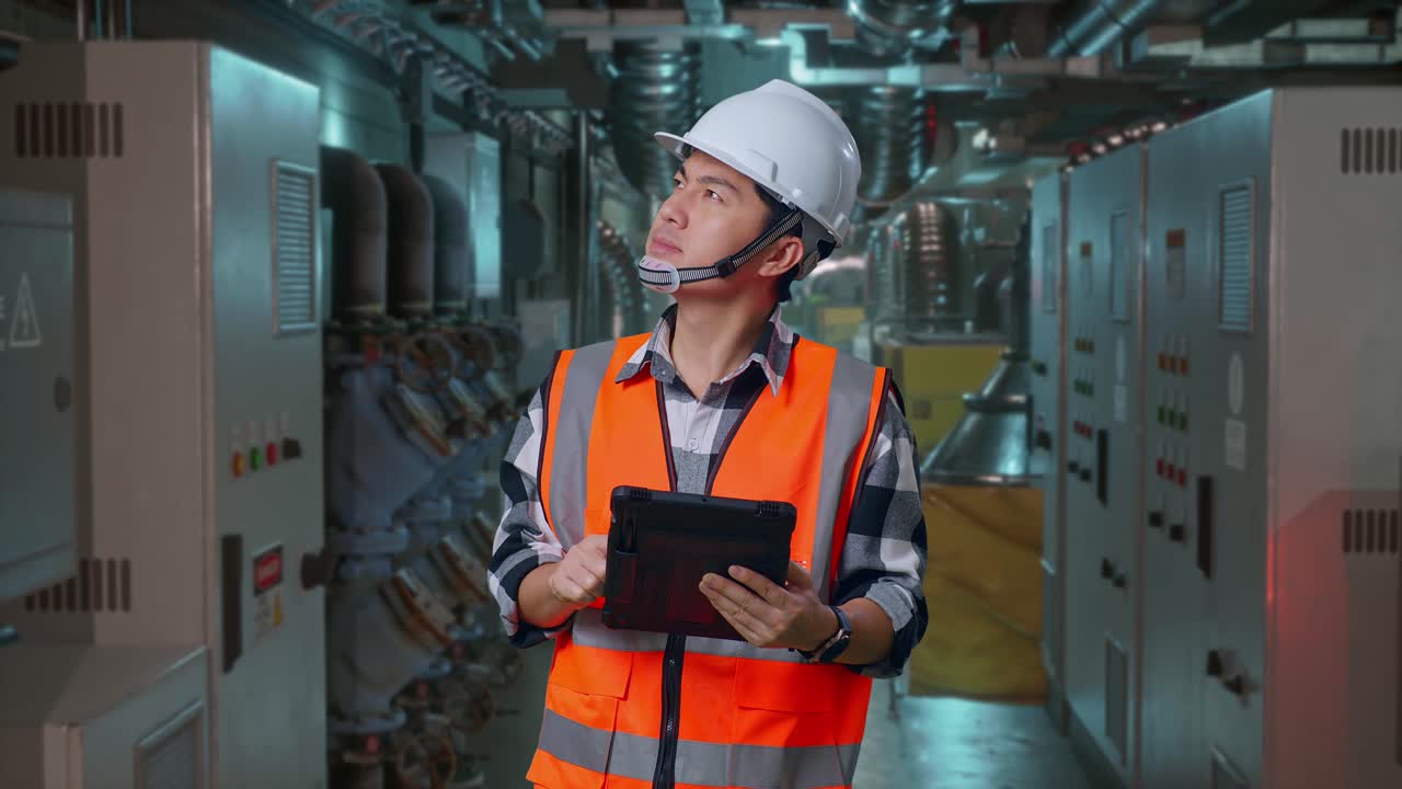 Asian Male Engineer With Safety Helmet Looking At The Tablet In His Hand And Looking Around While Standing In Engine Control Room, Work Of Electrical Generators