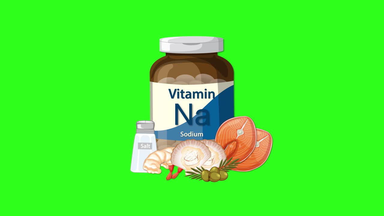 Sodium supplement bottle animates with salt shaker, onion, and shrimp on vibrant green background