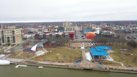 bay city michigan skyline drone video moving sideways