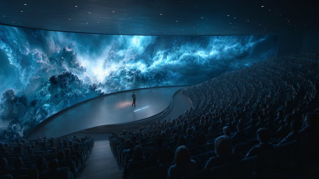 A captivating presentation unfolds in a futuristic auditorium, where a lone speaker stands against a stunning backdrop of swirling cosmic clouds, engaging a captivated audience with visual spectacle and innovation