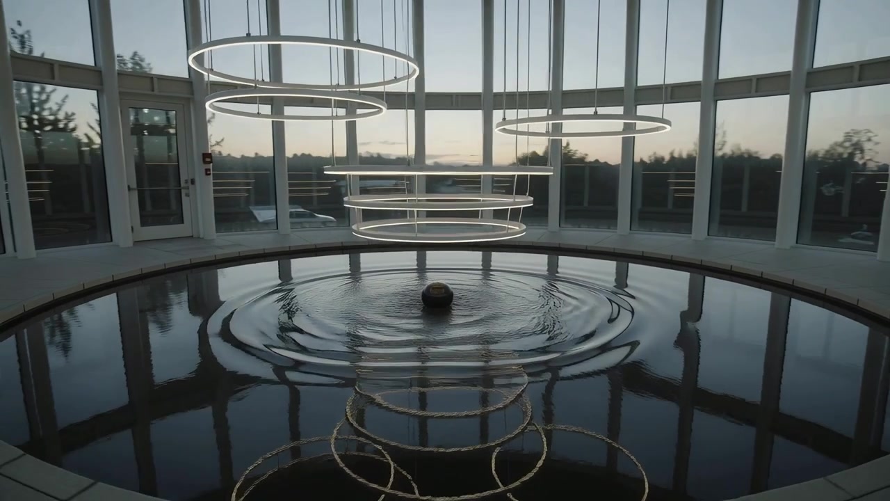 Rippling pool forming circular waves from dark sphere as dropping lit rings warping in glass atrium