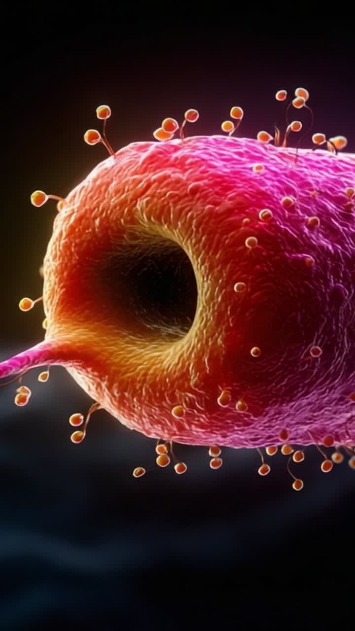 Uno sguardo ravvicinato a una struttura cellulare microscopica con colori vivaci e caratteristiche superficiali distinte che evidenziano intricati processi biologici.