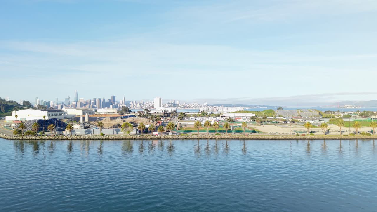 A slow right to left aerial panning shot of the Treasure Island shore. Shot in 4K.