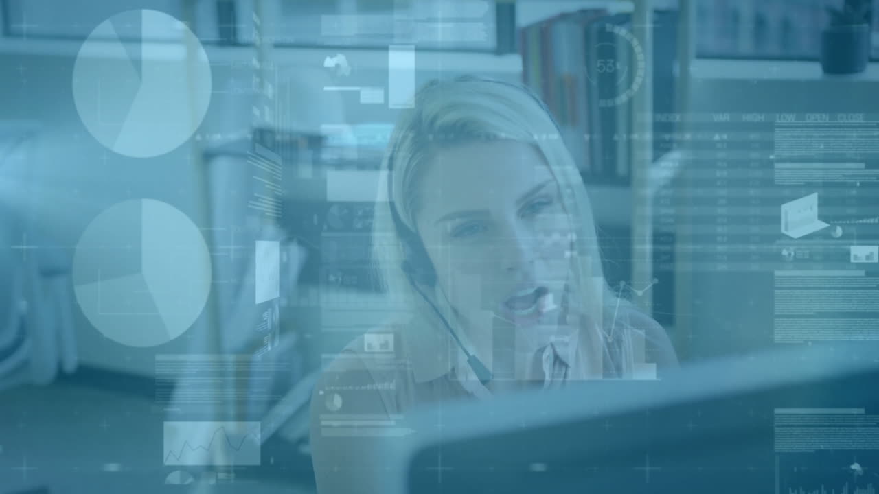 Animation of financial data processing over caucasian businesswoman in office