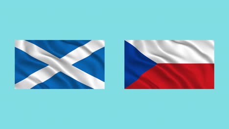 waving flags of scotland and czech republic isolated on turquoise background. to illustrate relations between countries