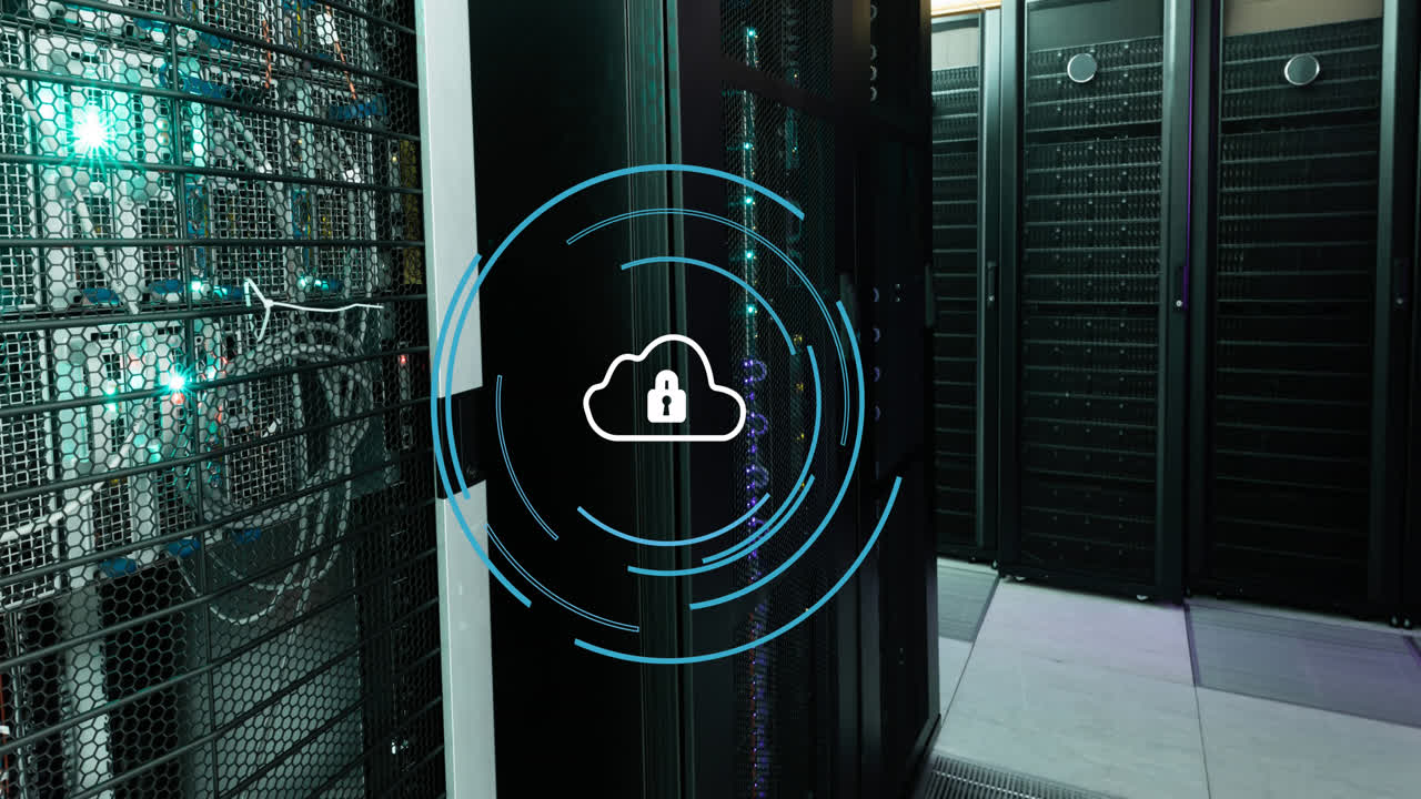 Animation of cloud icon over data processing and server room