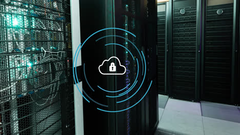 animation of cloud icon over data processing and server room