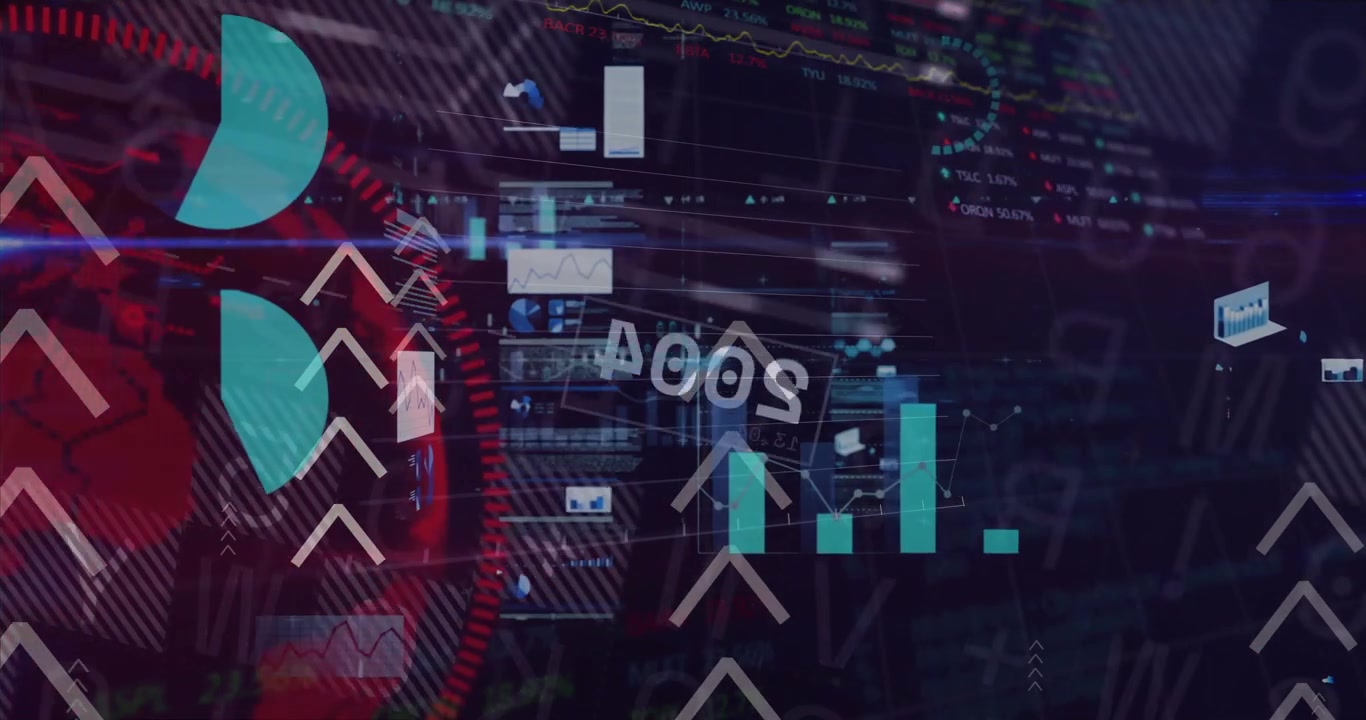 Layered charts on incoming feed, sliding teal bars and numeric stamp showing trading market trends