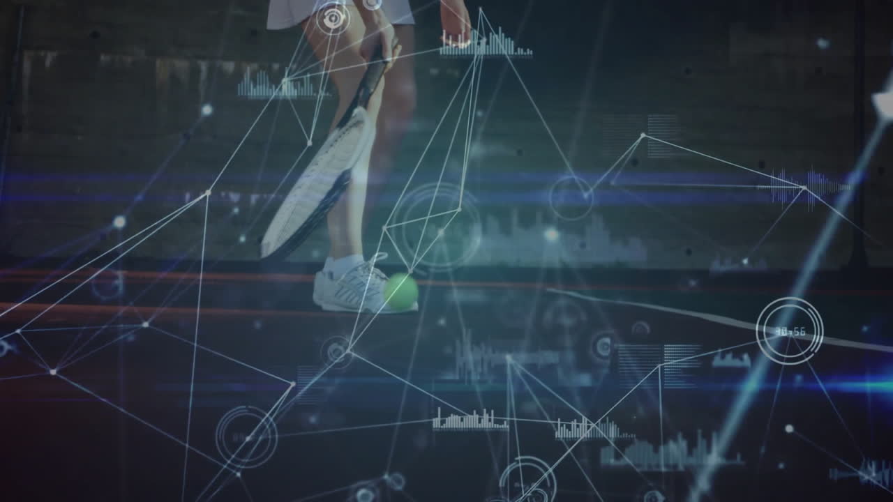 Female tennis player stepping forward swinging racket on court while sports analytics charts float