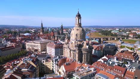 lovely aerial top view flight dresden city women church frauenkirche city town germany, summer sunny blue sky day 23