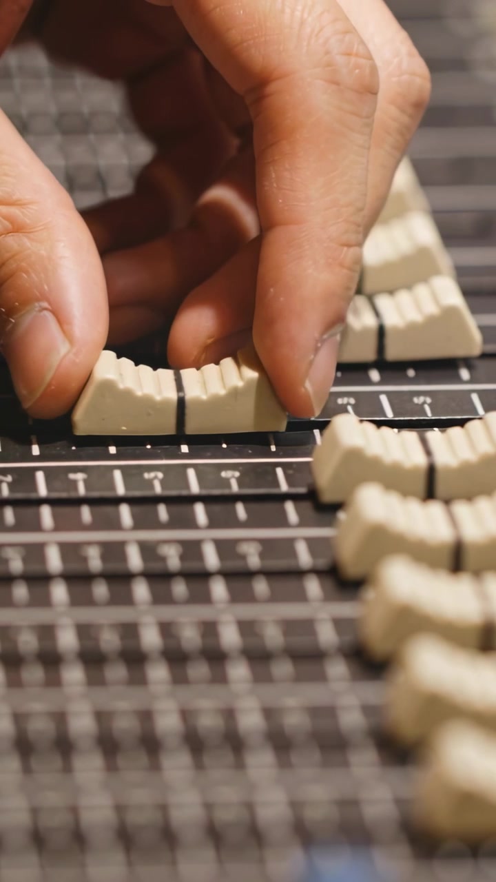 Vertical video: Reaching hand pinching and sliding white faders on mixer in studio, aligning levels