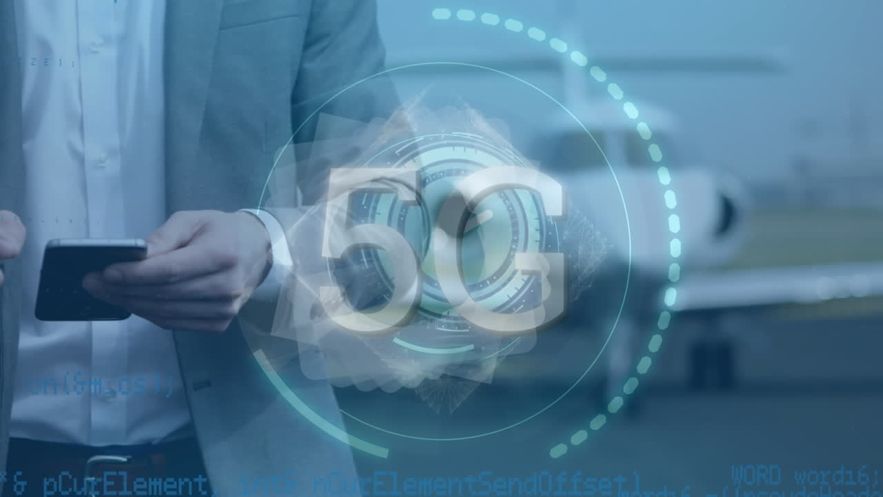 공항에서 스마트폰을 사용하는 사업가의 중간 섹션에 대한 5g 텍스트 및 데이터 처리