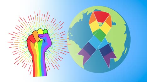 animation of rainbow fist with rainbow ribbon and globe on blue background