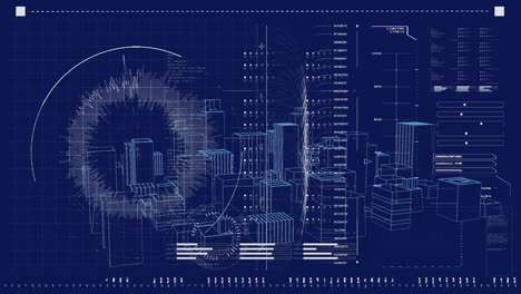 blueprint of cityscape with data visualization and network connections animation