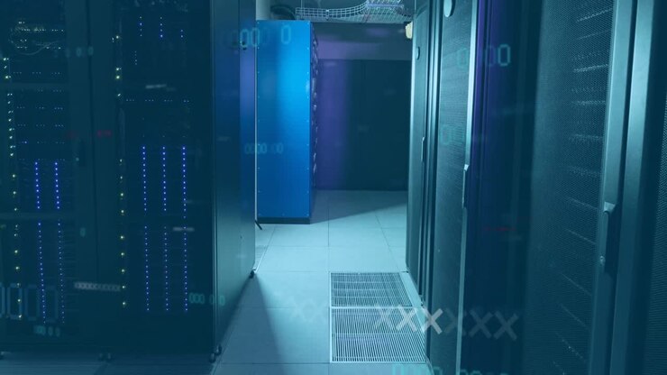 Animation of multiple 0 numbers and soundwaves over server room