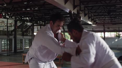 two men practicing martial arts grappling techniques